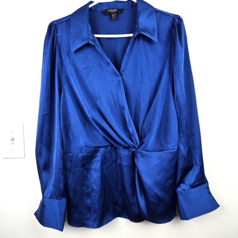 Ever New Curve Blue Satin Peplum Blouse